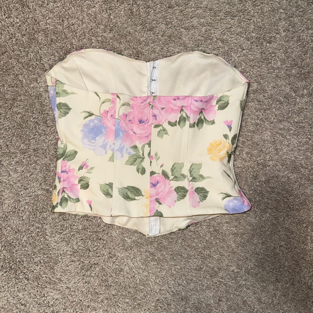 Zara Cream Floral Corset Top with Pink Yellow and Lavender Roses - Picture 6 of 8